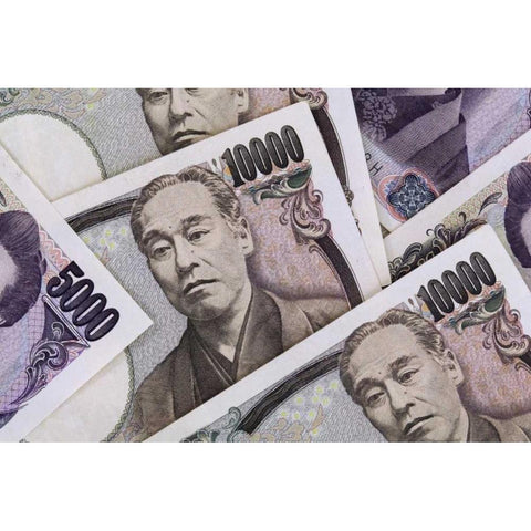 Japan Detail of Japanese paper currency, the Yen Black Modern Wood Framed Art Print by Flaherty, Dennis