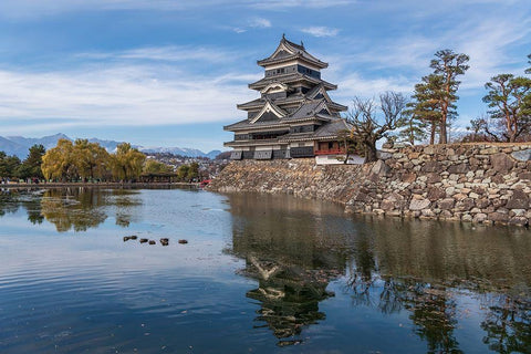 The reflection of the Matsumoto Castle and the castle against the mountain backdrop in Japan Black Ornate Wood Framed Art Print with Double Matting by Haddad, Sheila