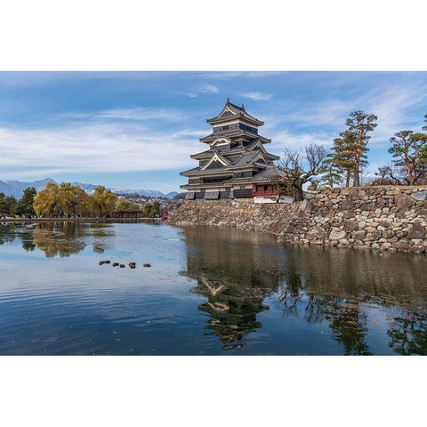 The reflection of the Matsumoto Castle and the castle against the mountain backdrop in Japan Black Modern Wood Framed Art Print by Haddad, Sheila