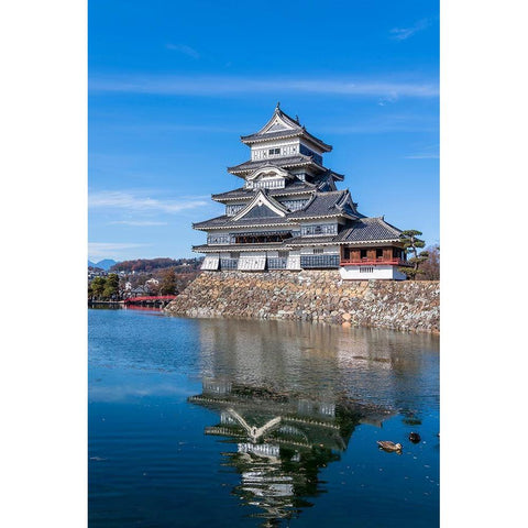 The Matsumoto Castle as seen from the bridge with the city buildings in the background-Japan Black Modern Wood Framed Art Print by Haddad, Sheila