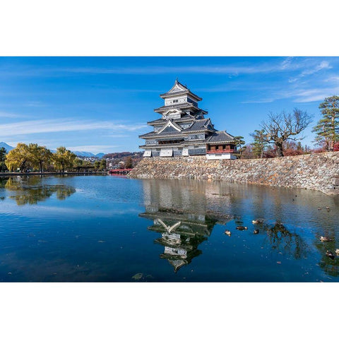 The Matsumoto Castle with reflection in the moat with bridge-walkway and mountains behind-Japan White Modern Wood Framed Art Print by Haddad, Sheila