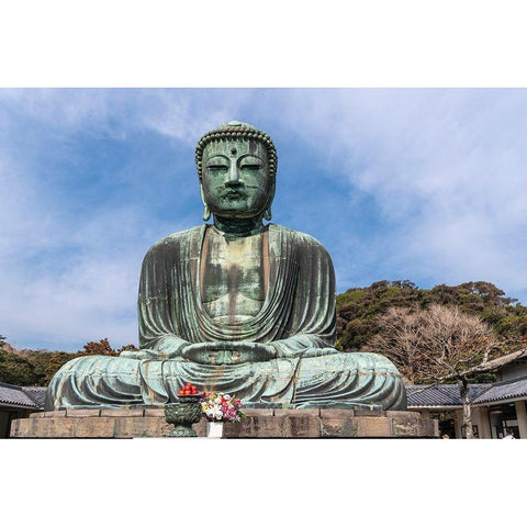 The Great Buddha-Daibutsu-offerings in front-blue sky above in Kamakura-Japan Black Modern Wood Framed Art Print by Haddad, Sheila