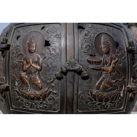 The ornate-engraved bronze doors to the outdoor incense burner of the Daibutsu-Kamakura-Japan Gold Ornate Wood Framed Art Print with Double Matting by Haddad, Sheila