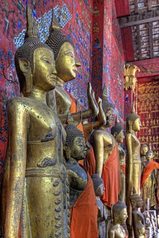 Laos, Luang Prabang Buddha statues inside temple White Modern Wood Framed Art Print with Double Matting by Shimlock, Jones