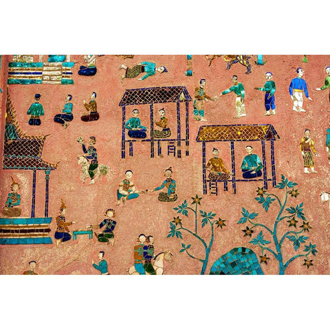 Laos-Luang Prabang-Detail of mosaic decorations depicting people on the side of a building White Modern Wood Framed Art Print by Haseltine, Tom
