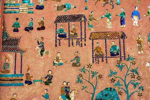 Laos-Luang Prabang-Detail of mosaic decorations depicting people on the side of a building Black Ornate Wood Framed Art Print with Double Matting by Haseltine, Tom
