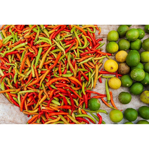 Peppers and limes at market-Vientiane-Capital of Laos-Southeast Asia White Modern Wood Framed Art Print by Haseltine, Tom