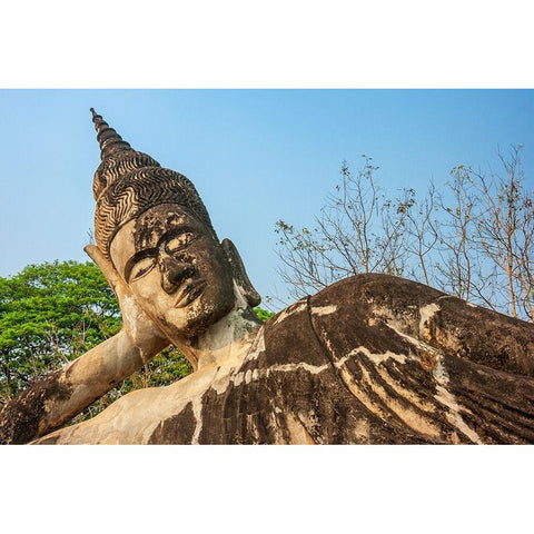 Reclining Buddha statue-Xieng Khuan-Xiengkuane-Buddha Park-Southeast Asia Black Modern Wood Framed Art Print by Haseltine, Tom