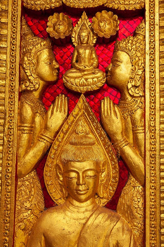 Laos- Luang Prabang. Haw Pha Bang-Carved panel on wall. Black Ornate Wood Framed Art Print with Double Matting by Haseltine, Tom