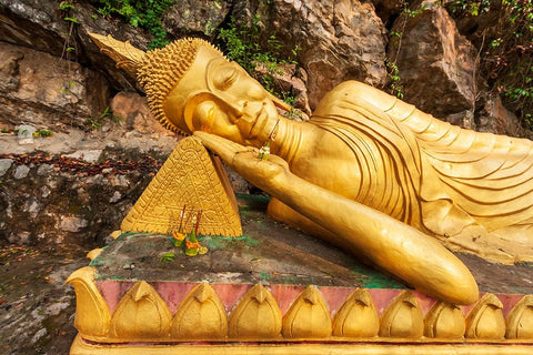 Laos- Luang Prabang. Reclining Buddha statue on Mount Phousi. White Modern Wood Framed Art Print with Double Matting by Haseltine, Tom
