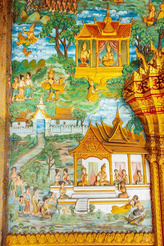 Luang Prabang- Laos. Ancient mural carvings in Wat Mahathat facade. Black Ornate Wood Framed Art Print with Double Matting by Haseltine, Tom