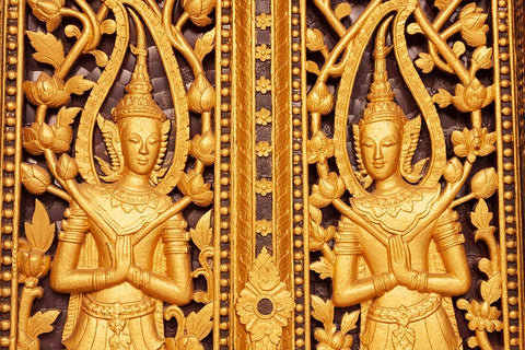 Laos- Luang Prabang. Golden relief carvings. White Modern Wood Framed Art Print with Double Matting by Haseltine, Tom