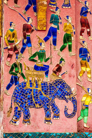 Laos- Luang Prabang. Mosaic mural depicting a man riding an elephant Black Modern Wood Framed Art Print by Haseltine, Tom