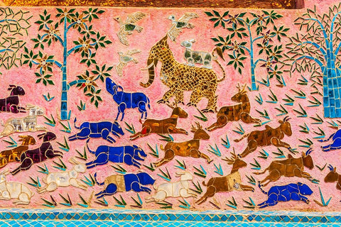 Laos- Luang Prabang. Mosaic mural depicting animals. Black Ornate Wood Framed Art Print with Double Matting by Haseltine, Tom