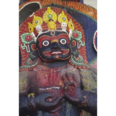 Nepal, Kathmandu, Statue of Kalbairab at a Shrine Gold Ornate Wood Framed Art Print with Double Matting by Satushek, Steve
