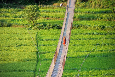 People crossing suspension bridge over Trishuli River-Tupche-Nuwakot District-Province 3-Nepal White Modern Wood Framed Art Print with Double Matting by Su, Keren