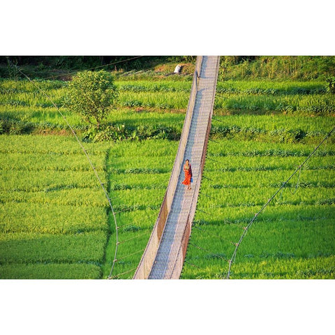 People crossing suspension bridge over Trishuli River-Tupche-Nuwakot District-Province 3-Nepal Black Modern Wood Framed Art Print by Su, Keren