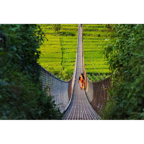 People crossing suspension bridge over Trishuli River-Tupche-Nuwakot District-Province 3-Nepal Black Modern Wood Framed Art Print by Su, Keren