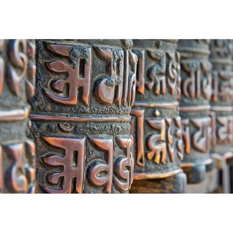 Bronze prayer wheels carved with Buddhist scripture-Swayambhunath-Kathmandu-Nepal Black Modern Wood Framed Art Print by Su, Keren