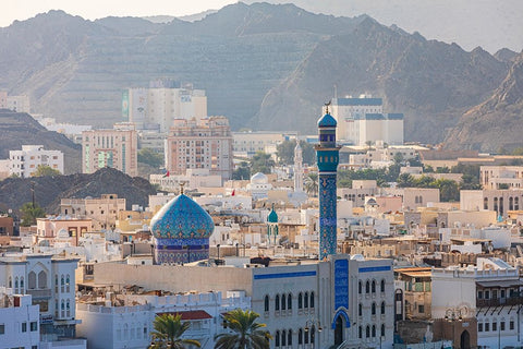 Middle East-Arabian Peninsula-Oman-Muscat-Muttrah-Blue minaret and dome of a mosque in Muttrah White Modern Wood Framed Art Print with Double Matting by Wilson, Emily M.