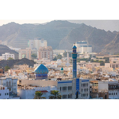 Middle East-Arabian Peninsula-Oman-Muscat-Muttrah-Blue minaret and dome of a mosque in Muttrah Black Modern Wood Framed Art Print by Wilson, Emily M.