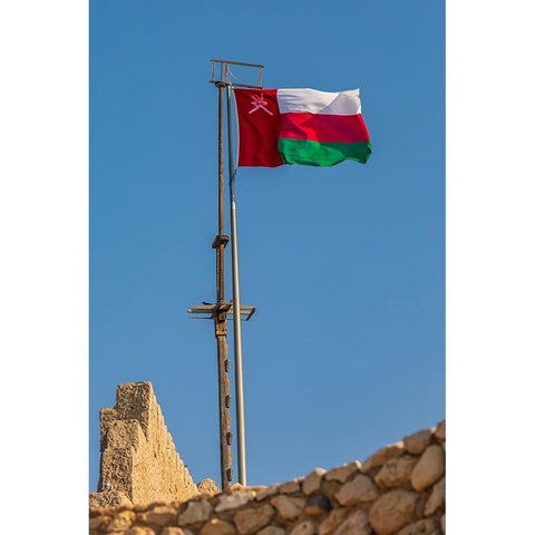 Middle East-Arabian Peninsula-Oman-Muscat-Muttrah-Omani flag flying in Muttrah Black Modern Wood Framed Art Print by Wilson, Emily M.