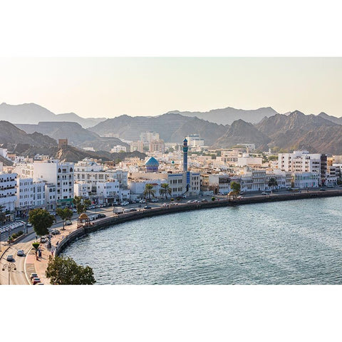 Middle East-Arabian Peninsula-Oman-Muscat-Muttrah-The waterfront and harbor in Muttrah Black Modern Wood Framed Art Print by Wilson, Emily M.