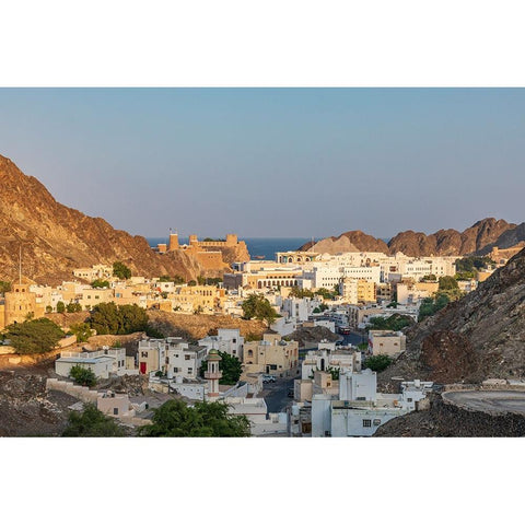 Middle East-Arabian Peninsula-Oman-Muscat-Sunset view of a neighborhood in the hills of Muscat Black Modern Wood Framed Art Print by Wilson, Emily M.