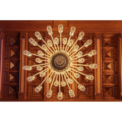 Middle East-Arabian Peninsula-Oman-Muscat-Chandelier in the Sultan Qaboos Grand Mosque in Muscat Gold Ornate Wood Framed Art Print with Double Matting by Wilson, Emily M.