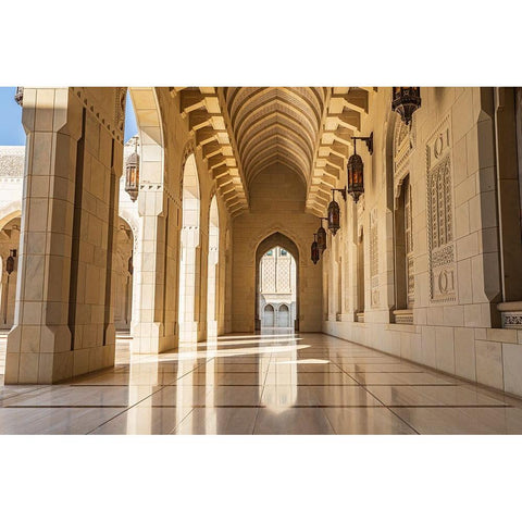 Middle East-Arabian Peninsula-Oman-Muscat-Exterior corridor of Sultan Qaboos Grand Mosque in Muscat Gold Ornate Wood Framed Art Print with Double Matting by Wilson, Emily M.