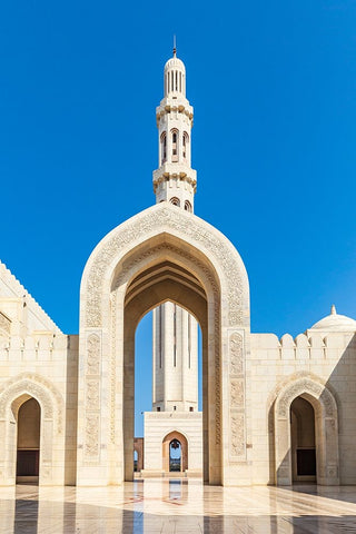 Middle East-Arabian Peninsula-Oman-Muscat-Entrance to the Sultan Qaboos Grand Mosque in Muscat White Modern Wood Framed Art Print with Double Matting by Wilson, Emily M.