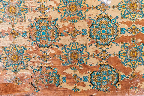 Middle East-Arabian Peninsula-Oman-Muscat-Muttrah-Peeling wall decorations at the souk in Muttrah White Modern Wood Framed Art Print with Double Matting by Wilson, Emily M.