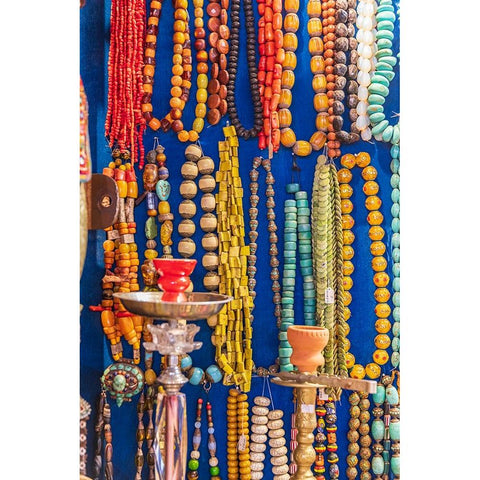 Middle East-Arabian Peninsula-Oman-Muscat-Muttrah-Beaded necklaces for sale at the Muttrah souk Black Modern Wood Framed Art Print by Wilson, Emily M.