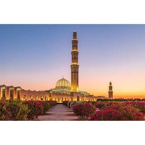Middle East-Arabian Peninsula-Oman-Muscat-Sunset view of the Sultan Qaboos Grand Mosque in Bawshar Gold Ornate Wood Framed Art Print with Double Matting by Wilson, Emily M.