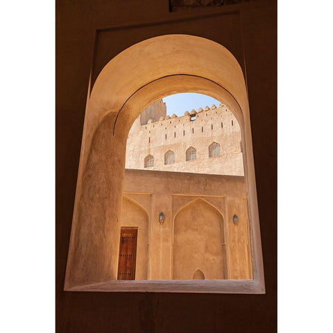 Middle East-Arabian Peninsula-Oman-Ad Dakhiliyah-Bahla-View through a window in Jabreen Castle Black Modern Wood Framed Art Print by Wilson, Emily M.