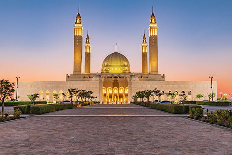 Middle East-Arabian Peninsula-Oman-Ad Dakhiliyah-Nizwa-Sunset at the Sultan Qaboos Grand Mosque Black Ornate Wood Framed Art Print with Double Matting by Wilson, Emily M.