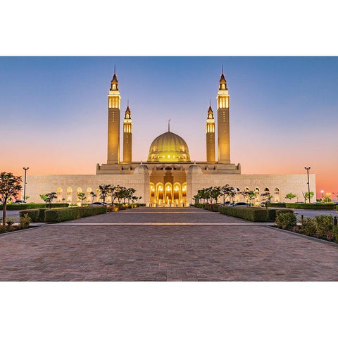 Middle East-Arabian Peninsula-Oman-Ad Dakhiliyah-Nizwa-Sunset at the Sultan Qaboos Grand Mosque Black Modern Wood Framed Art Print by Wilson, Emily M.