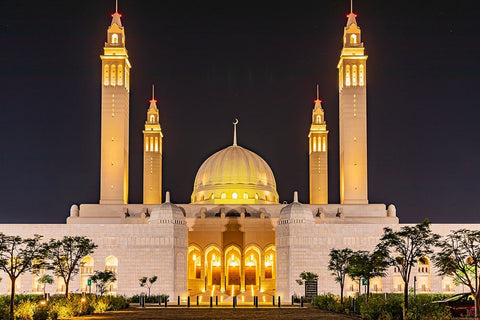 Middle East-Arabian Peninsula-Oman-Ad Dakhiliyah-Nizwa-Night view of the Sultan Qaboos Grand Mosque White Modern Wood Framed Art Print with Double Matting by Wilson, Emily M.