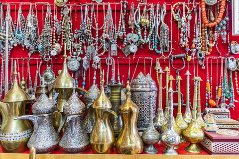 Middle East-Arabian Peninsula-Oman-Ad Dakhiliyah-Nizwa-Traditional tea pots and jewelry for sale Black Ornate Wood Framed Art Print with Double Matting by Wilson, Emily M.