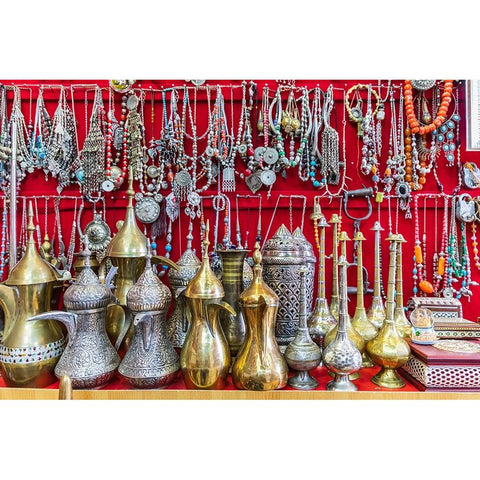 Middle East-Arabian Peninsula-Oman-Ad Dakhiliyah-Nizwa-Traditional tea pots and jewelry for sale Black Modern Wood Framed Art Print by Wilson, Emily M.