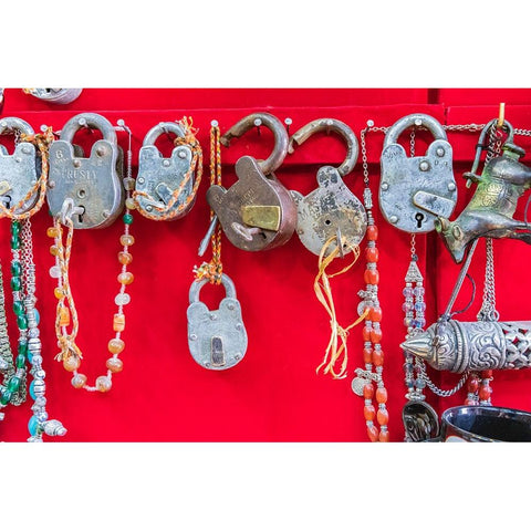 Middle East-Arabian Peninsula-Oman-Ad Dakhiliyah-Nizwa-Padlocks for sale in the souk in Nizwa Black Modern Wood Framed Art Print by Wilson, Emily M.