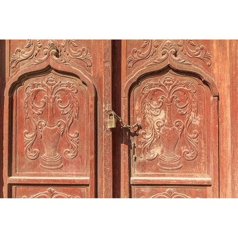 Middle East-Arabian Peninsula-Al Batinah South-Carved wooden door on a building in Oman Black Modern Wood Framed Art Print by Wilson, Emily M.