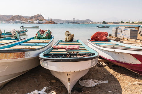 Middle East-Arabian Peninsula-Al Batinah South-Fishing boats on the beach in the harbor of Sur-Oman White Modern Wood Framed Art Print with Double Matting by Wilson, Emily M.