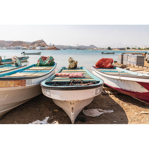 Middle East-Arabian Peninsula-Al Batinah South-Fishing boats on the beach in the harbor of Sur-Oman Black Modern Wood Framed Art Print by Wilson, Emily M.