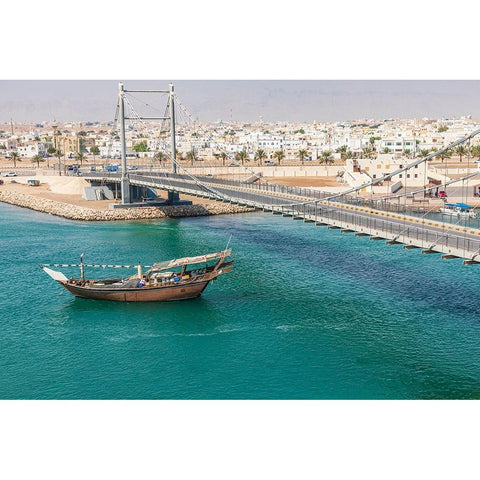 Middle East-Arabian Peninsula-Oman-Al Batinah South-Dhow passing under a suspension bridge White Modern Wood Framed Art Print by Wilson, Emily M.