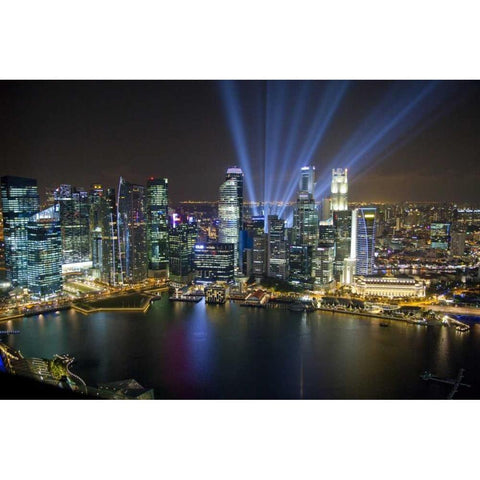 Singapore Downtown overview at night Black Modern Wood Framed Art Print with Double Matting by Zuckerman, Jim