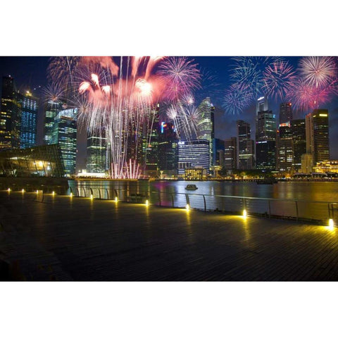 Singapore Fireworks in downtown area Gold Ornate Wood Framed Art Print with Double Matting by Zuckerman, Jim