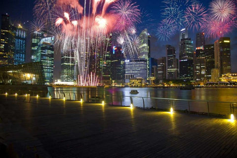 Singapore Fireworks in downtown area White Modern Wood Framed Art Print with Double Matting by Zuckerman, Jim