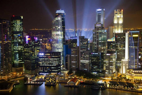 Singapore Downtown overview at night Black Ornate Wood Framed Art Print with Double Matting by Zuckerman, Jim