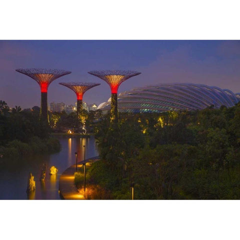 Singapore Garden by the Sea towers at night Black Modern Wood Framed Art Print by Zuckerman, Jim